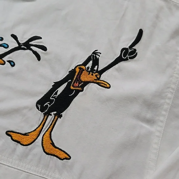 Retro 90s Looney Toons Daffy Duck White Cotton Button Up Shirt Vintage 1990s - Picture 10 of 16